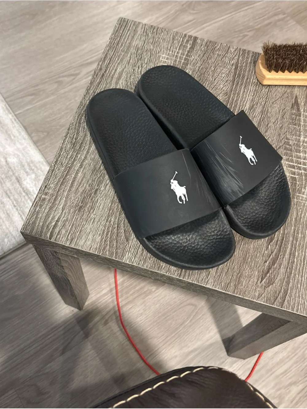 Polo by Ralph Lauren Black Slide Sandals with White Polo Player Logo